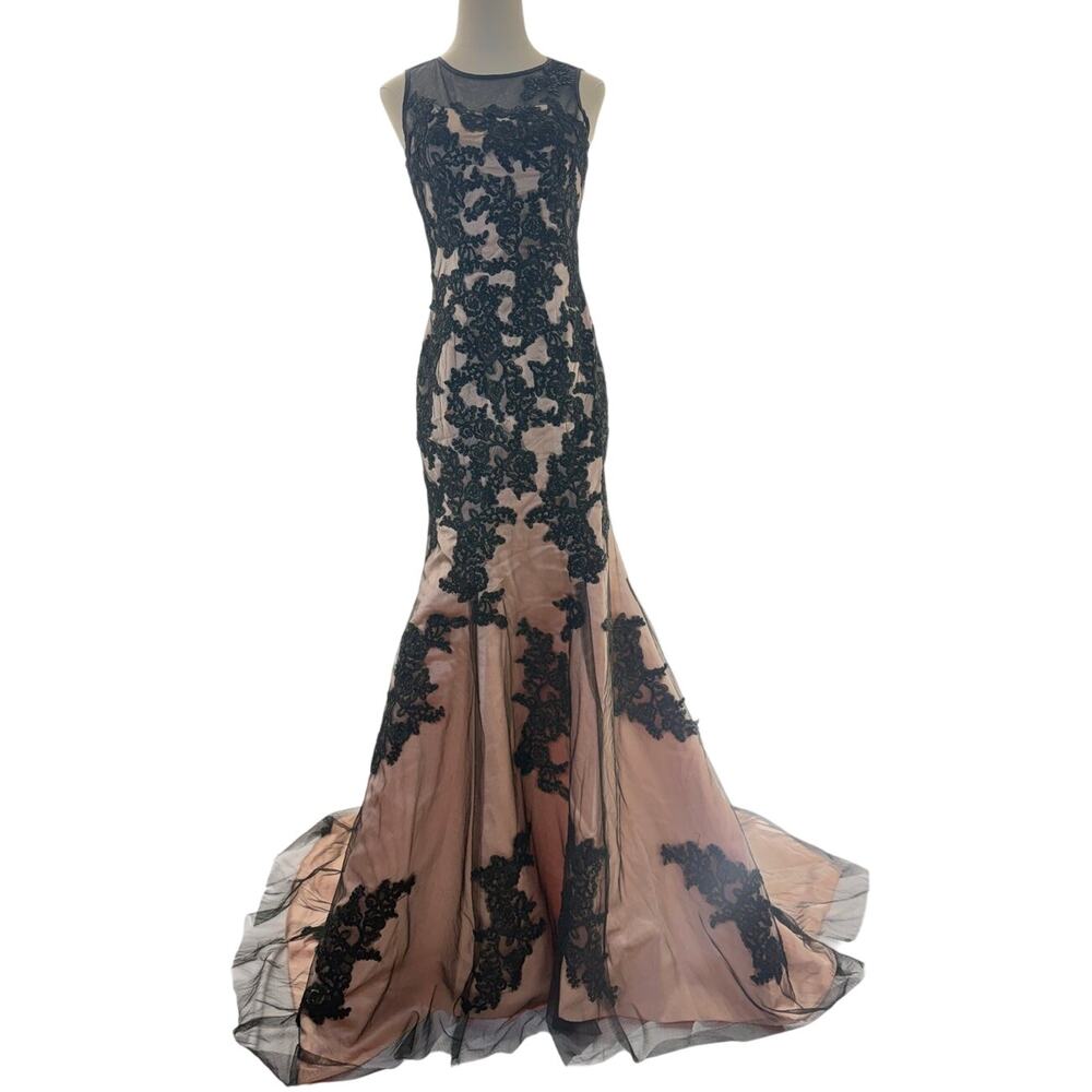 Vintage 90s Black Lace Mermaid Evening Gown Nude Illusion Formal Dress XS Petite